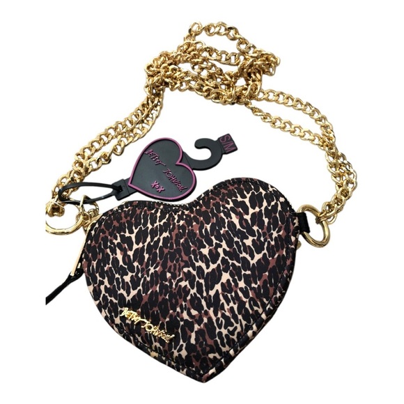 Betsey Johnson leopard animal print heart shaped gold chain‎ mini crossbody new - Picture 5 of 11